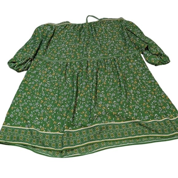 Max Studio Green Floral Boho Peasant Blouse XL Cotton/Rayon 3/4 Sleeves Pullover - Picture 2 of 9